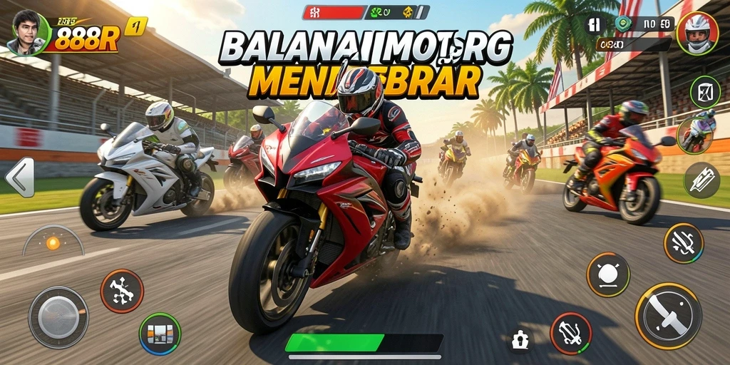 Gameplay seru 888R dengan balapan motor yang mendebarkan.