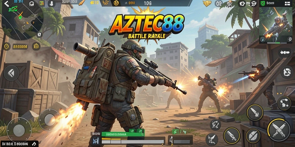 Screenshot aksi seru gameplay AZTEC88 dalam Battle Royale.