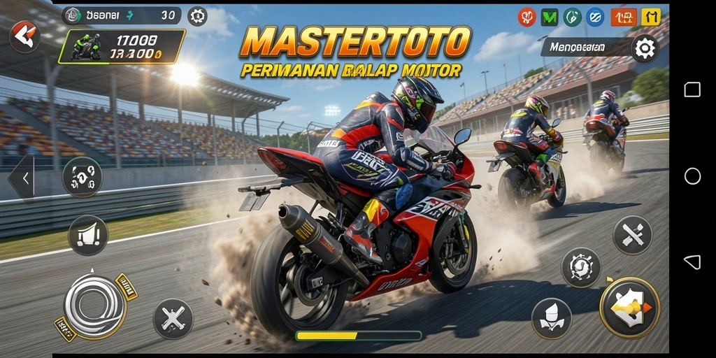 Screenshot gameplay MASTERTOTO menampilkan balapan motor yang seru.