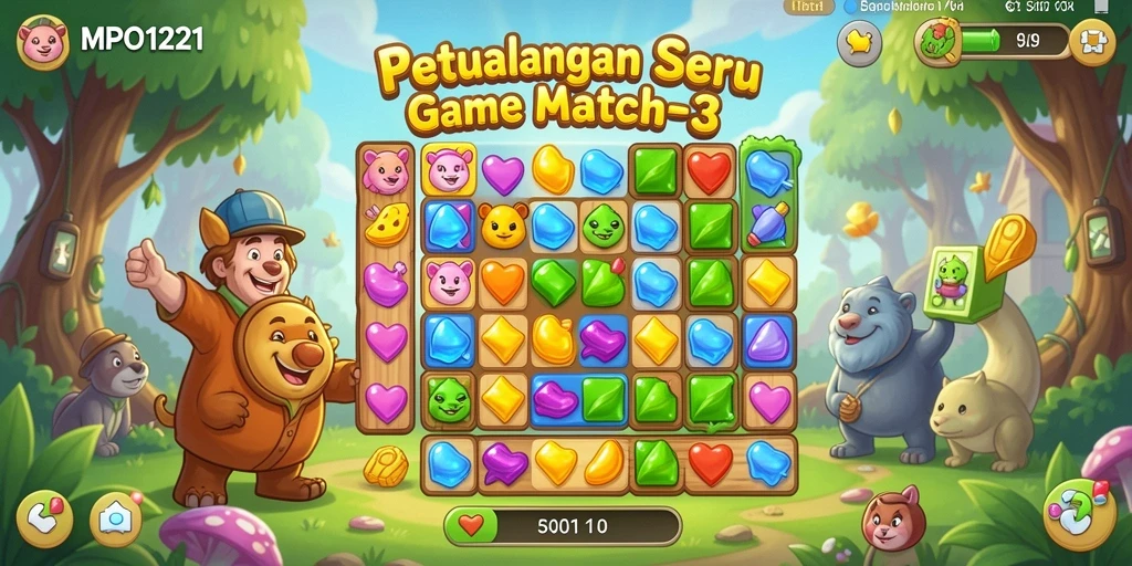 Tangkapan layar MPO1221 menampilkan gameplay Match-3 yang seru dan penuh warna.