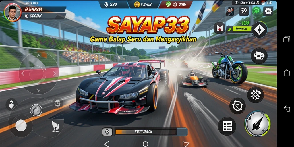 Tampilan gameplay balapan seru dari SAYAP33 yang menampilkan aksi penuh adrenalin.